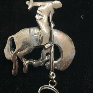 Rodeo Cowboy Rancher Dangling Silvertone Brooch Pin Western Jewelry